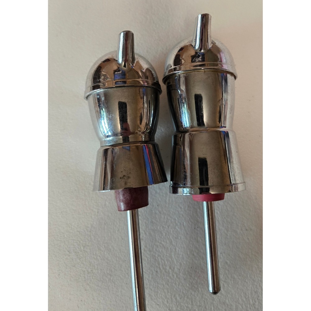Vintage Chrome Automatic Liquor Bottle Pourers Pair MCM Barware Jigger Spouts
